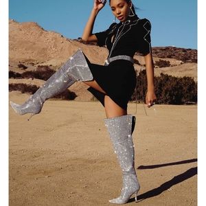 Sparkling Rhinestone Silver Knee High Boots